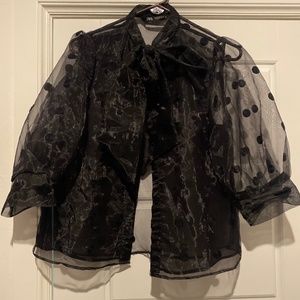 Zara See-through Black Polka Dot Bow Blouse